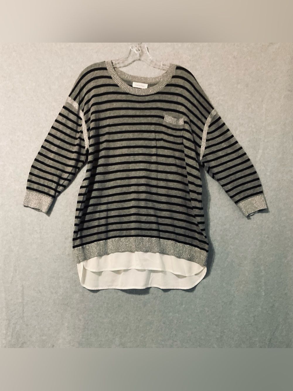 Calvin Klein Striped Gray and Black Layered Hem Women's Sweater 3/4 sleeves XL